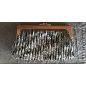 Vintage 1970s Black Woven Raffia Handbag Brown Plastic Handle